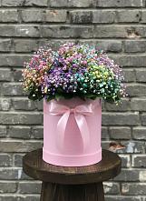 Цветочная композиция из Гипсофила и Розы в шляпной коробке в Вершину Тёи