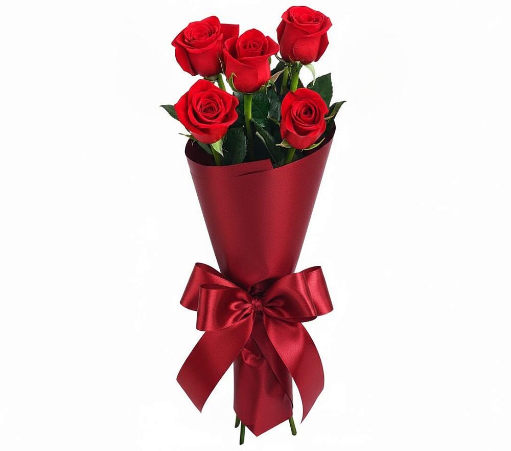 Букет 5 Красных роз Эдлесс Лав в Вершину Тёи