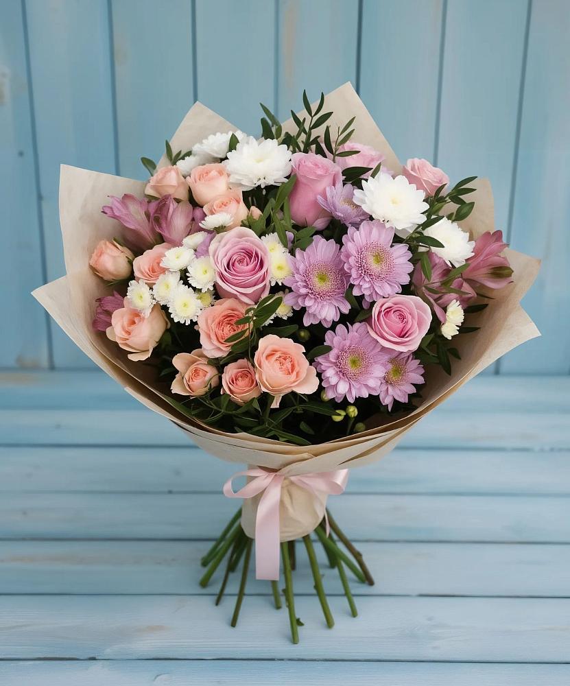 Букет цветов из: Хризантемы, Розы и Альстромерии в Вершину Тёи
