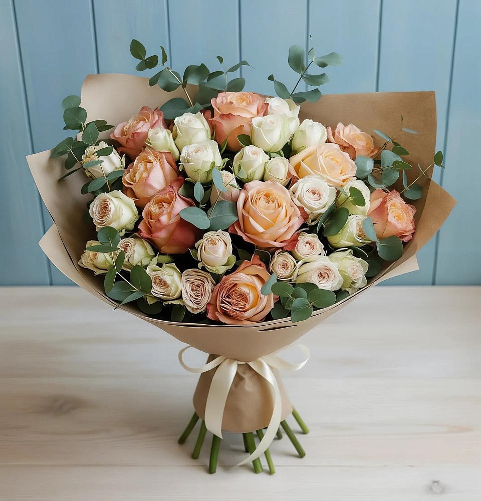 Букет цветов из: Альстромерии и Розы в Вершину Тёи