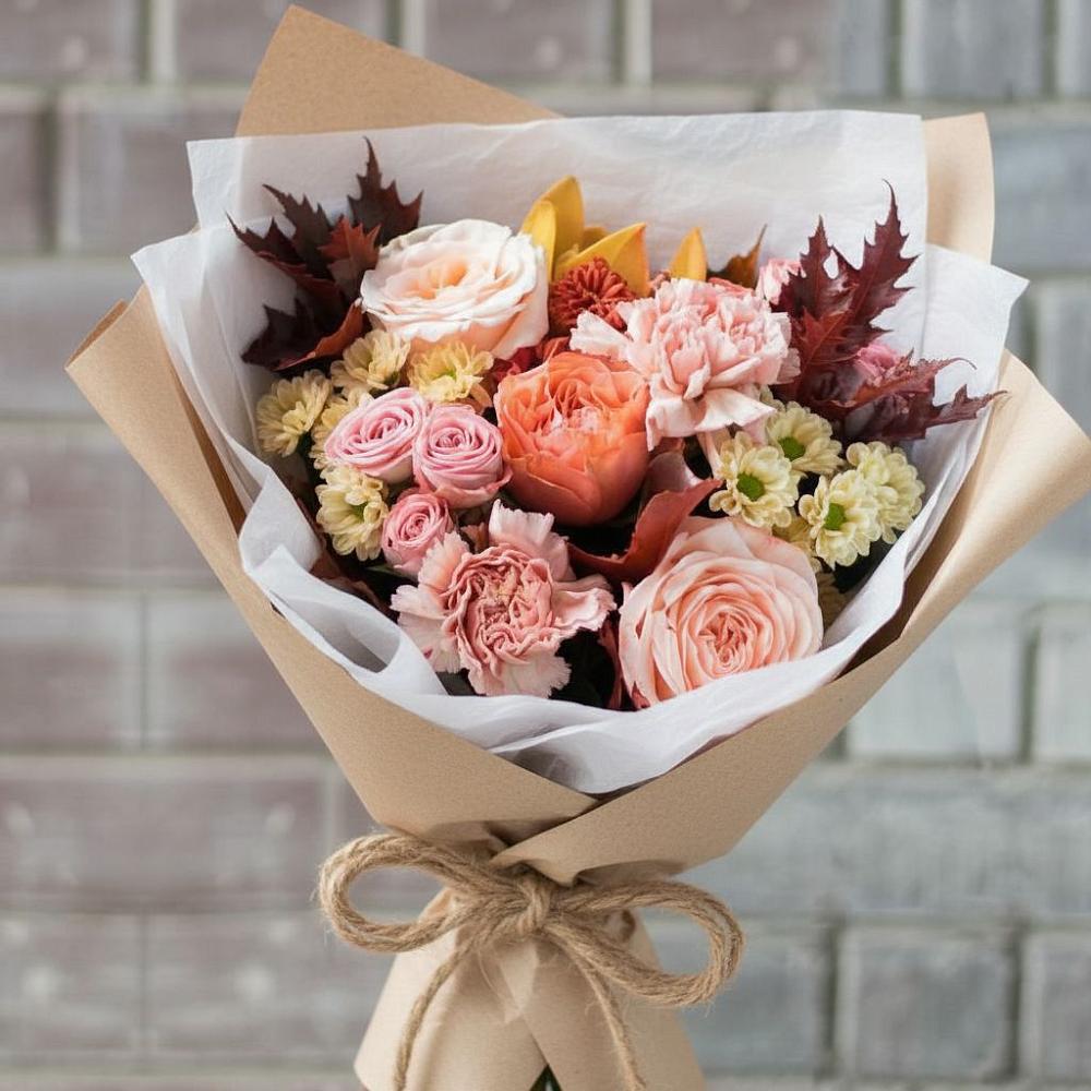 Букет цветов из: Гвоздики, Хризантемы и Розы в Вершину Тёи