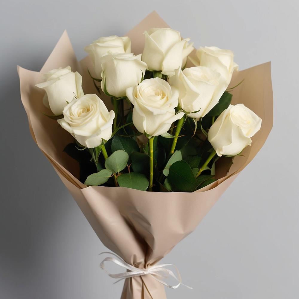 Букет 9 Белых роз Эдлесс Лав в Вершину Тёи