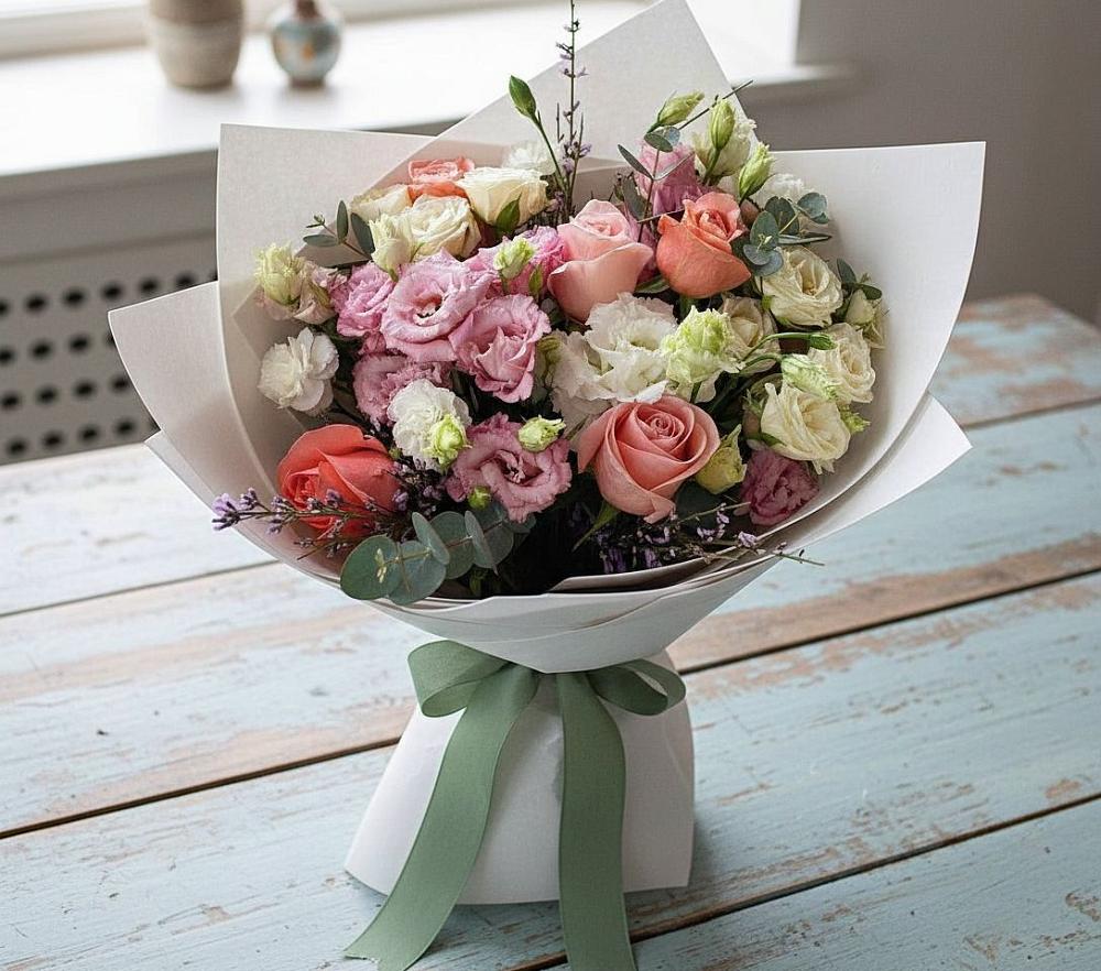 Букет цветов из: Розы, Лизиантусы и Гвоздики в Вершину Тёи