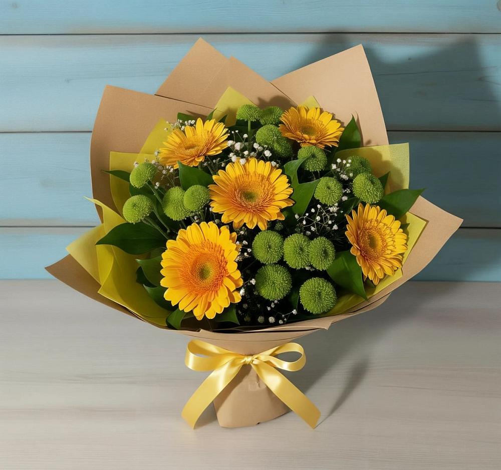 Букет цветов из: Герберы и Хризантемы в Вершину Тёи