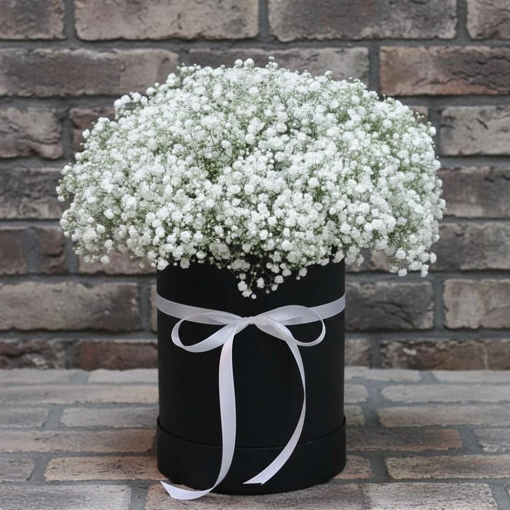 Цветочная композиция из Гипсофила в шляпной коробке в Вершину Тёи