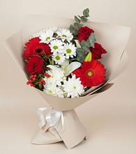 Букет цветов из:  Розы, Хризантемы, Герберы и Лилии в Вершину Тёи