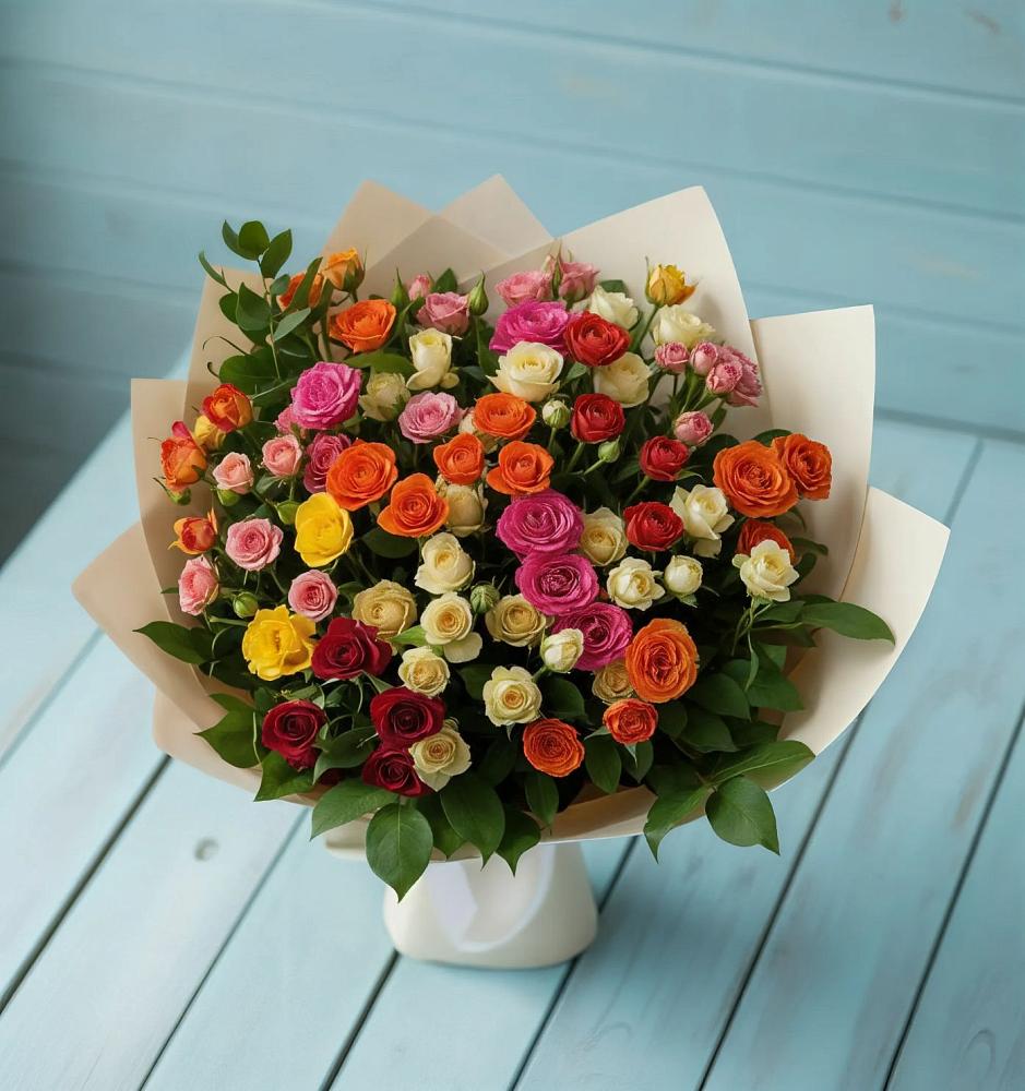 Букет Микс из разноцветных кустовых роз в Вершину Тёи