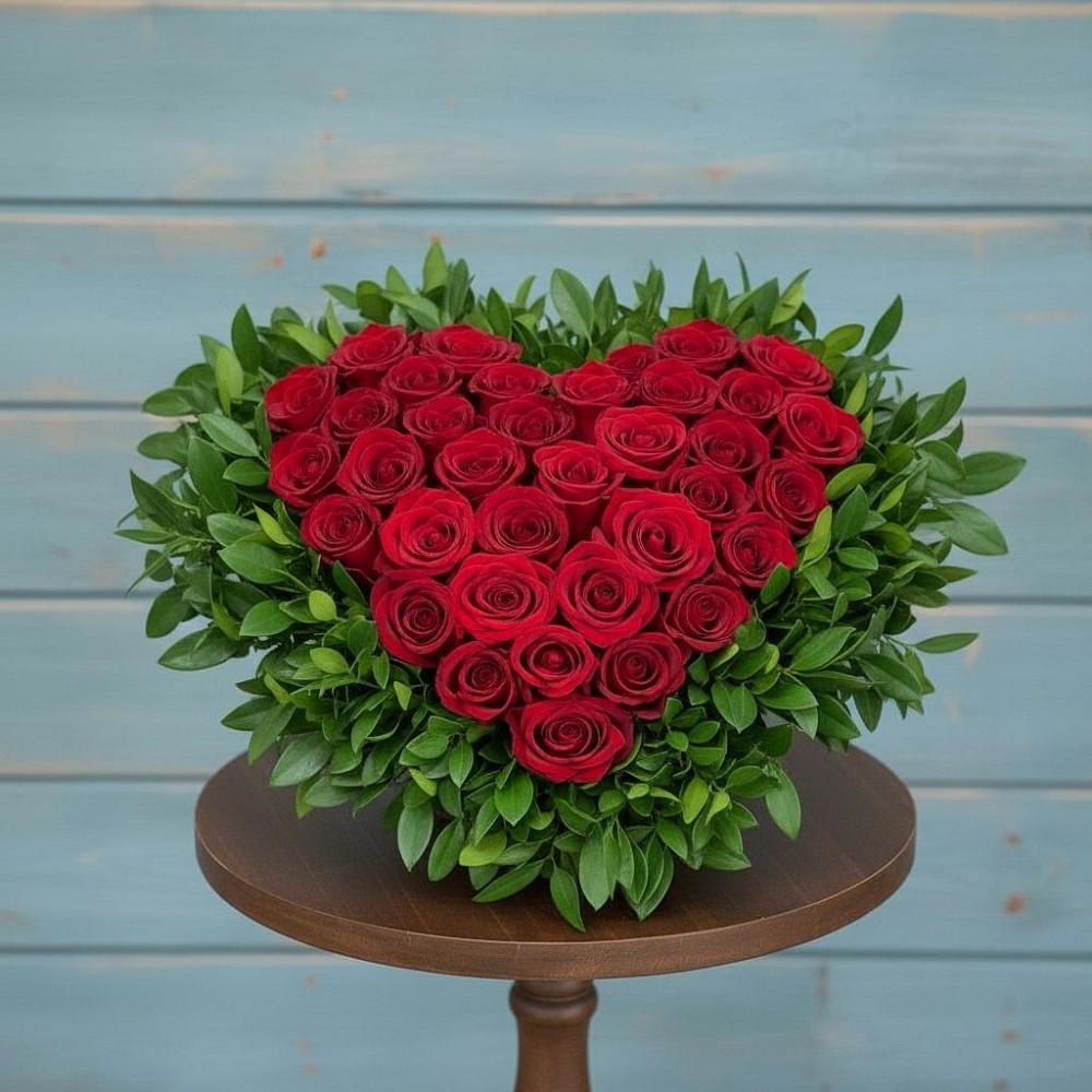 Цветочная композиция из Розы в виде сердца в Вершину Тёи