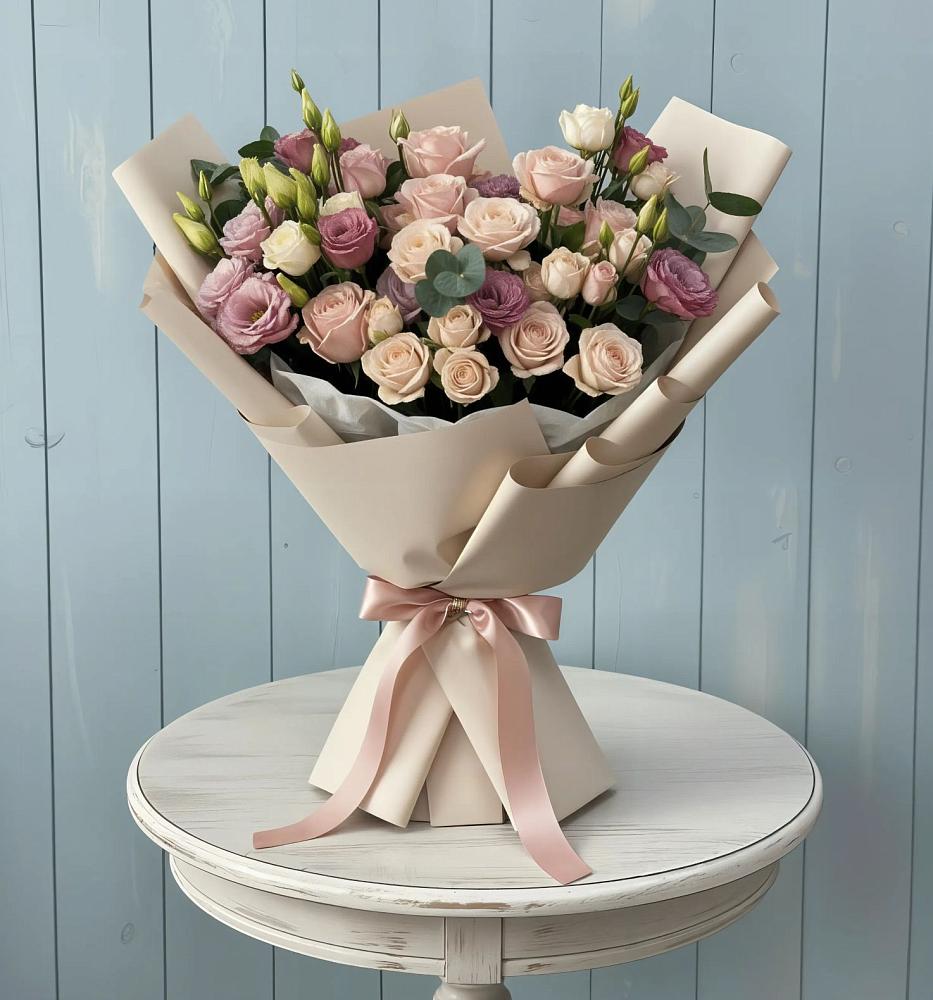 Букет цветов из: Розы и Лизиантусы в Вершину Тёи