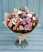 Букет цветов из:  Хризантемы, Розы и Альстромерии в Вершину Тёи