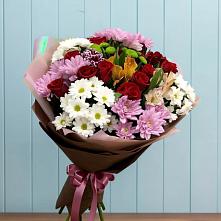 Букет цветов из:  Розы, Хризантемы и Альстромерии в Вершину Тёи