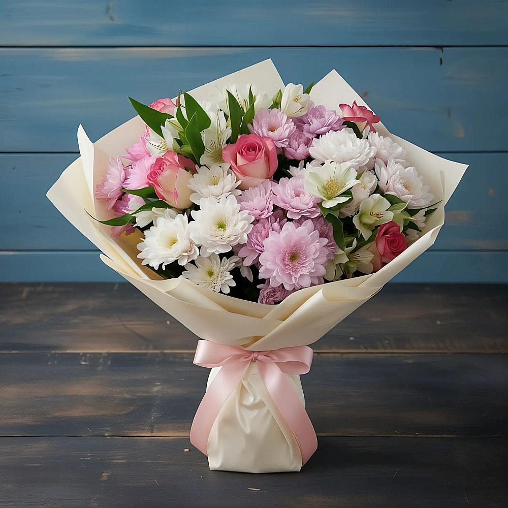 Букет цветов из: Хризантемы, Альстромерии и Розы в Вершину Тёи